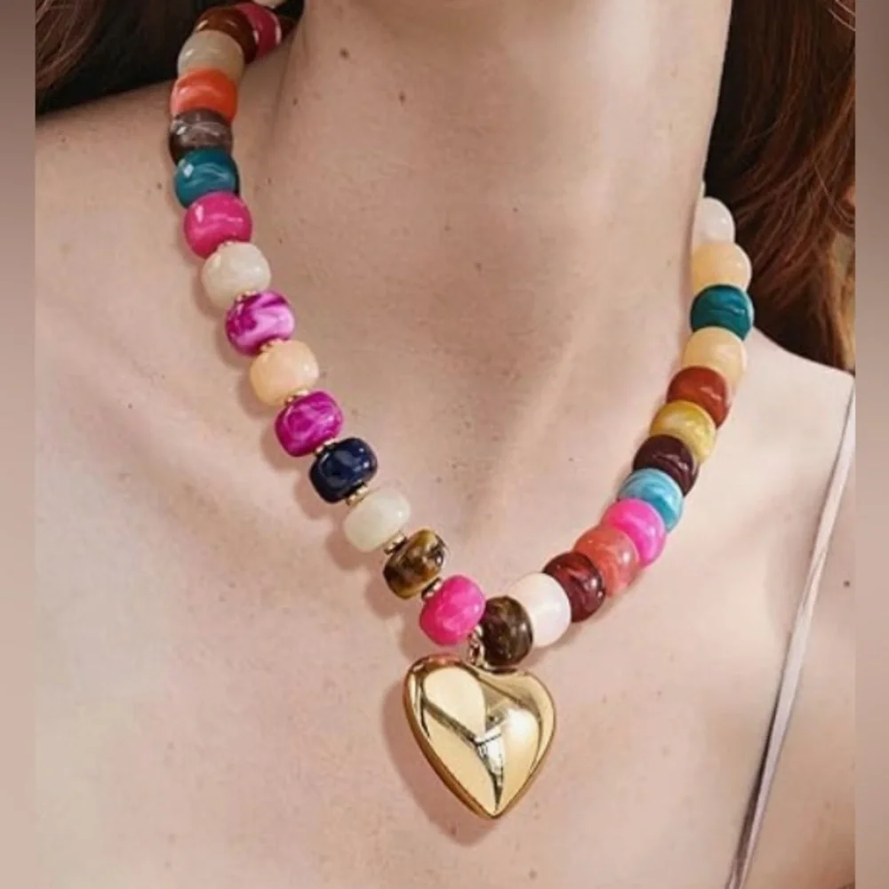 Anthropologie colorful Bead heart necklace Nordstrom Colorful Stretch bracelet 2 - Picture 4 of 5